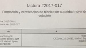 Factura de Agora Voting a Podemos por la formación de autoridad en sistemas de votación.