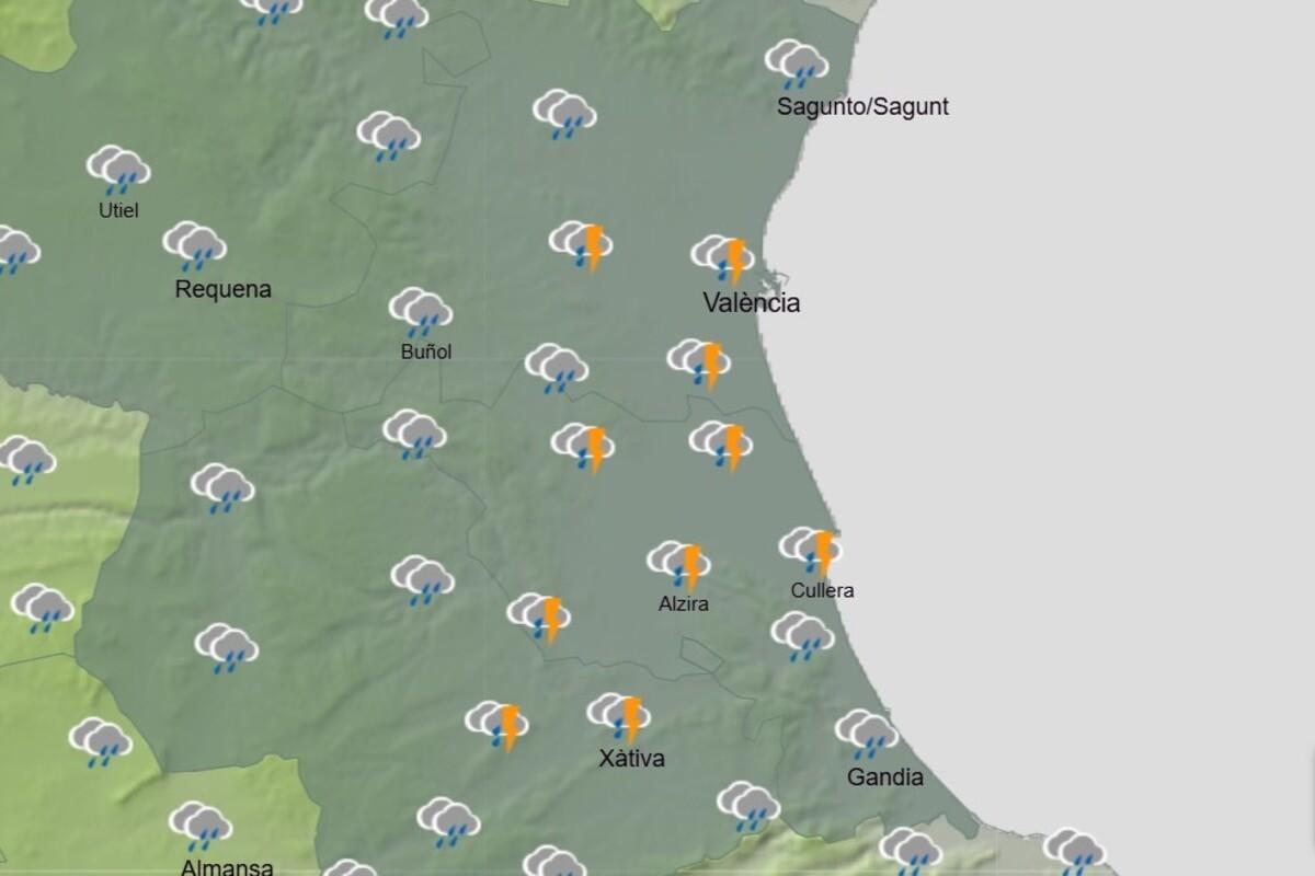 La previsión de la Aemet para el martes 20 de enero en Valencia: lluvias y tormentas durante todo el día.