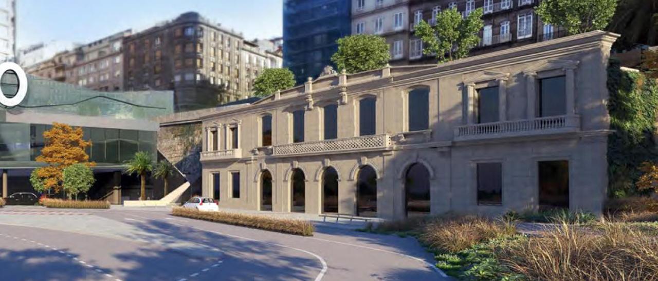 Recreación de la futura plaza, con la reconstrucción de la fachada de la antigua estación, que se adosará al muro de Urzáiz.