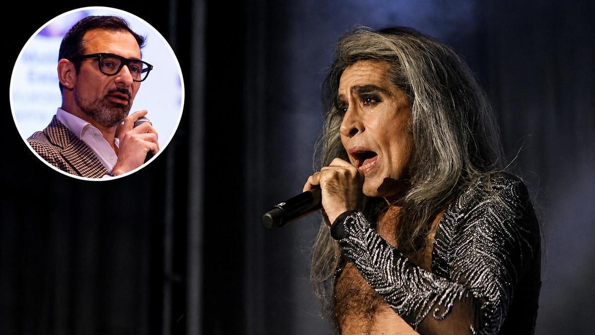 Mario Vaquerizo, cantate de Nancys Rubias, en una actuación en Priego de Córdoba en 2023; en el círculo, Félix Romero.