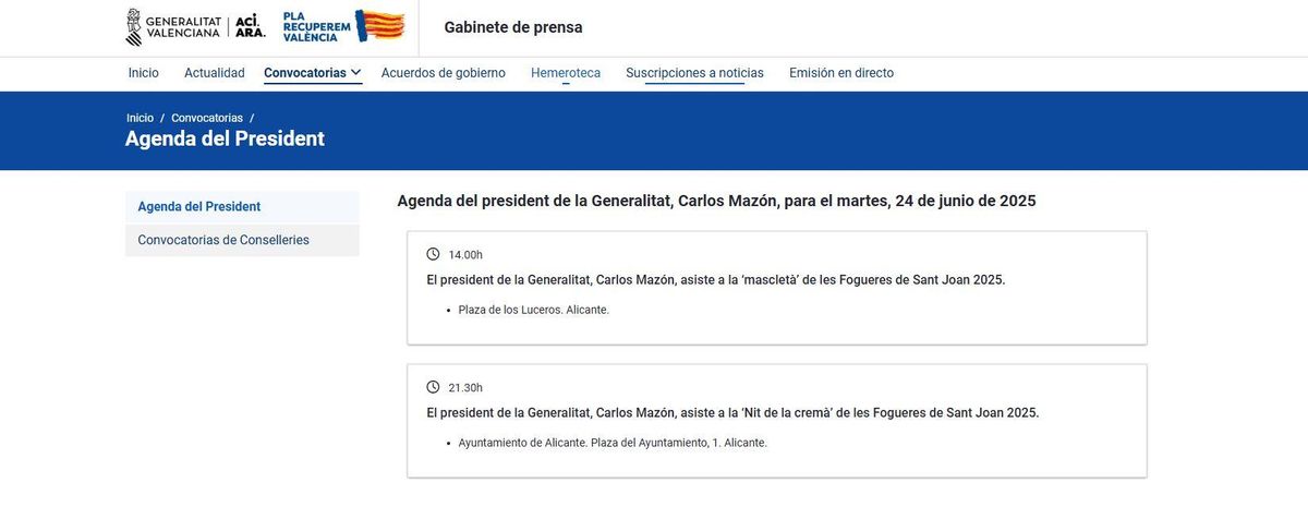 Public Agenda of the President of the Generalitat, Carlos Mazón, this Tuesday, June 24.