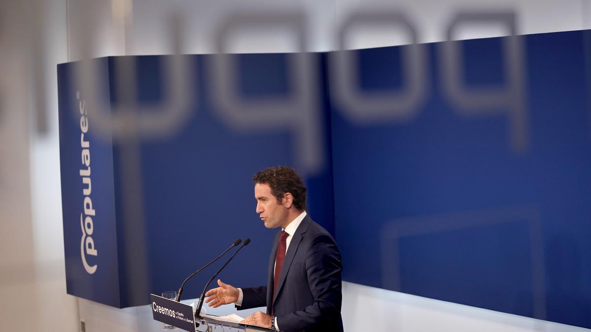 Teodoro García Egea durante una rueda de prensa del Partido Popular.