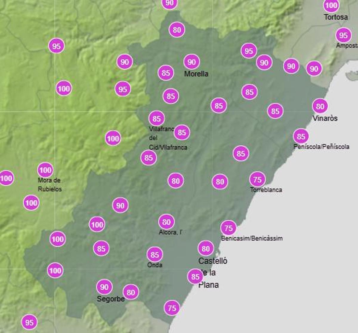 Probabilidad de lluvia en Castellón el sábado entre las 18.00 y las 0.00 horas.