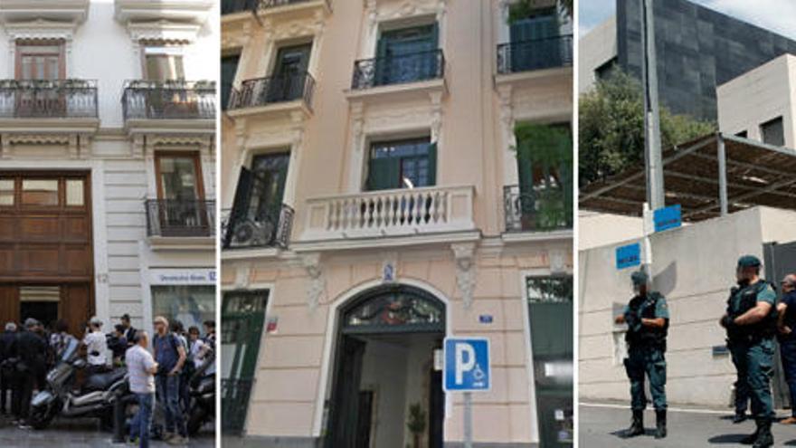 De izquierda a derecha, el inmueble de València donde reside en un piso alquilado, El edificio de la calle Monte Esquinza de Madrid, y el chalé de Benidorm.