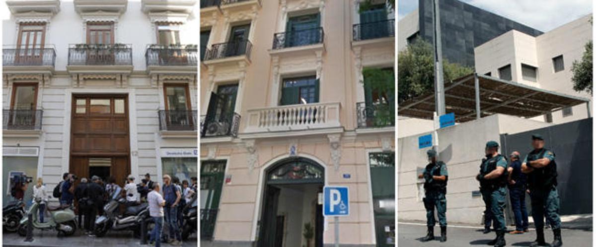De izquierda a derecha, el inmueble de València donde reside en un piso alquilado, El edificio de la calle Monte Esquinza de Madrid, y el chalé de Benidorm.