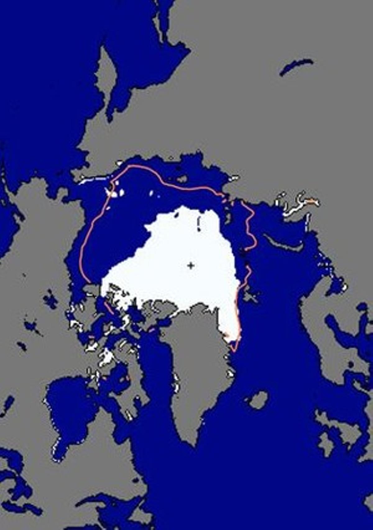 Extensió ocupada pel gel a la banquisa boreal dissabte passat i en la mitjana del període 1979-2000 per a la mateixa data.