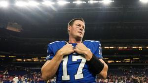 Indianapolis Colts quarterback Philip Rivers (17) stands on the field after an NFL football game against the San Francisco 49ers, Monday, Dec. 22, 2025, in Indianapolis. (AP Photo/Carolyn Kaster)