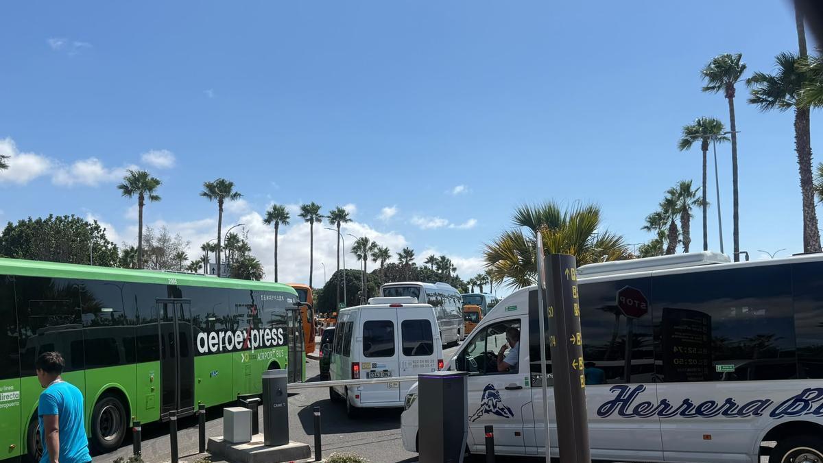 Colas entre el transporte de viajeros a la salida del aeropuerto Tenerife Sur, este sábado