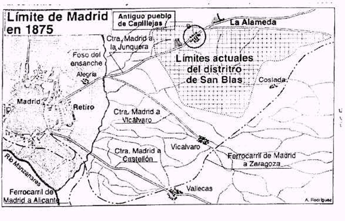 Primer mapa del municipio que data de 1875, donde se observa la distancia a Madrid (4 km) y a la Puerta del Sol (9 km)