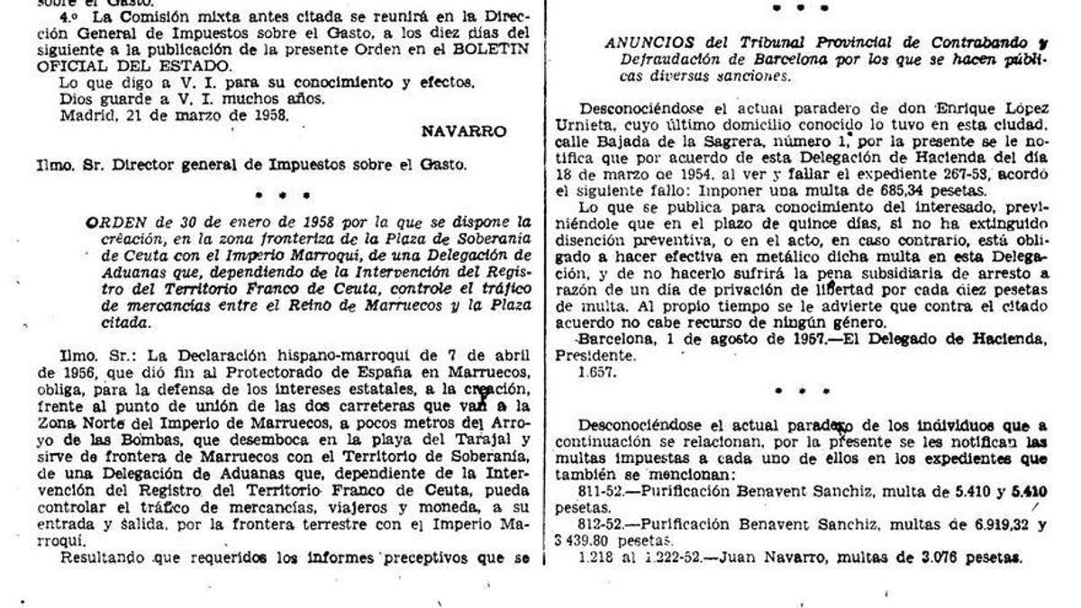 Boletín Oficial del Estado de 1958 aduana Ceuta.
