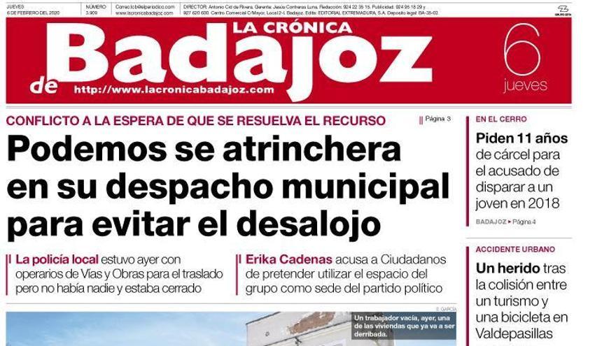 Esta es la portada de LA CRÓNICA DE BADAJOZ correspondiente al día 6 de febrero del 2020