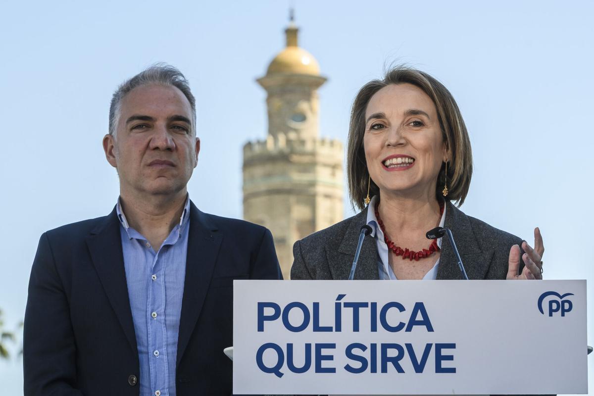La secretaria general del PP, Cuca Gamarra (d), y el vicesecretario general de Coordinación Autonómica y Territorial y Análisis electoral del Partido Popular, Elías Bendodo (i), durante la rueda de prensa previa a la 27ª Interparlamentaria del PP que se celebra este fin de semana en Sevilla. Sevilla acoge este fin de semana la 27 reunión Interparlamentaria del PP, en la que participarán los principales dirigentes de la formación para fijar la hoja de ruta en temas como vivienda o empleo, cuando se cumplen tres años del liderazgo de Alberto Núñez Feijóo. EFE/ Raúl Caro