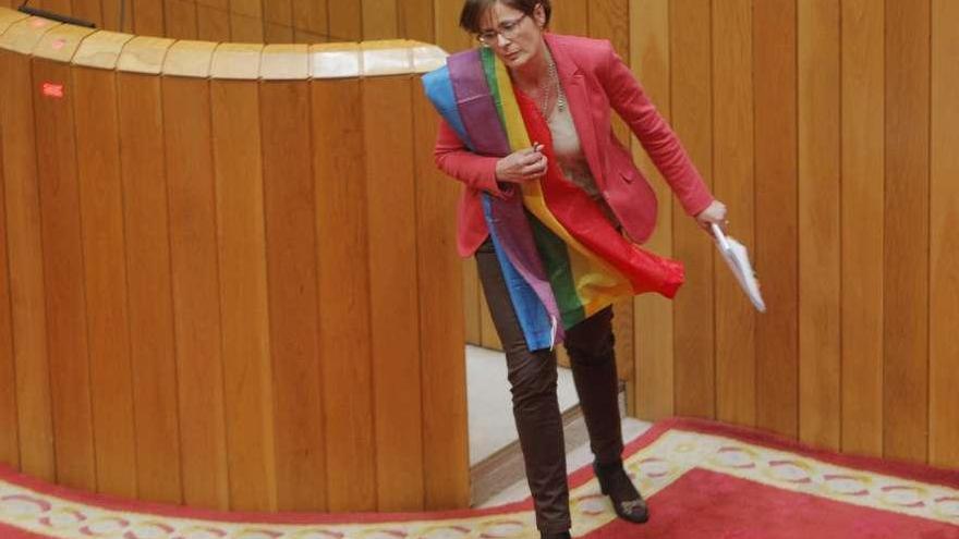 Carme Adán, con la bandera gay, ayer, en el Parlamento. / xoán álvarez