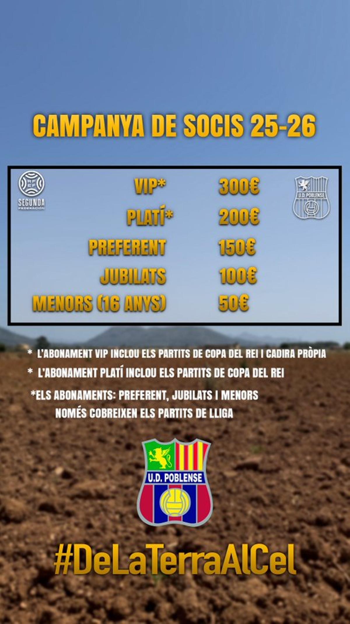 Los precios del Poblense para la temporada 2025/2026.
