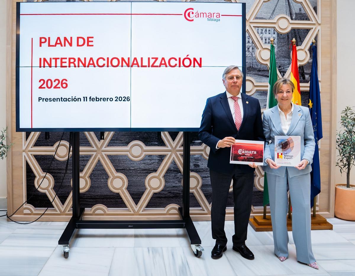 El presidente de la Cámara de Comercio de Málaga, José Carlos Escribano, y la presidenta de la comisión de Internacionalización, Mari Paz Hurtado, este miércoles en la presentación del plan 2026.