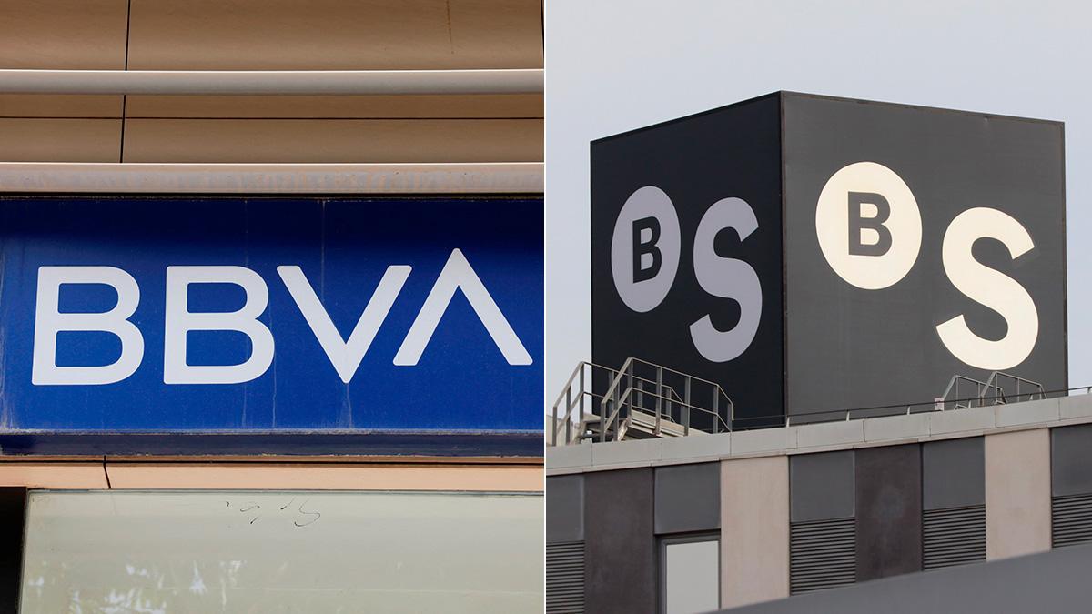 Imagen de los logos del BBVA y del Banc Sabadell