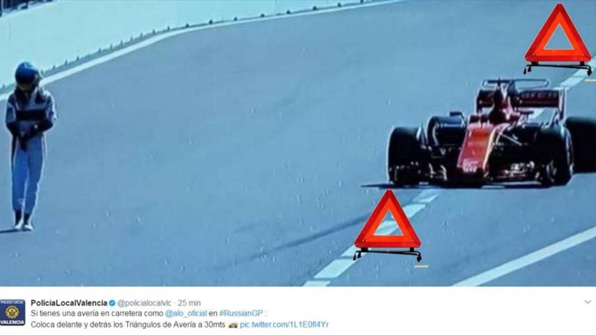 Este es el tuit irónico de la Policia Local de Valencia sobre la última averia del Mclaren-Honda de Fernando Alonso.