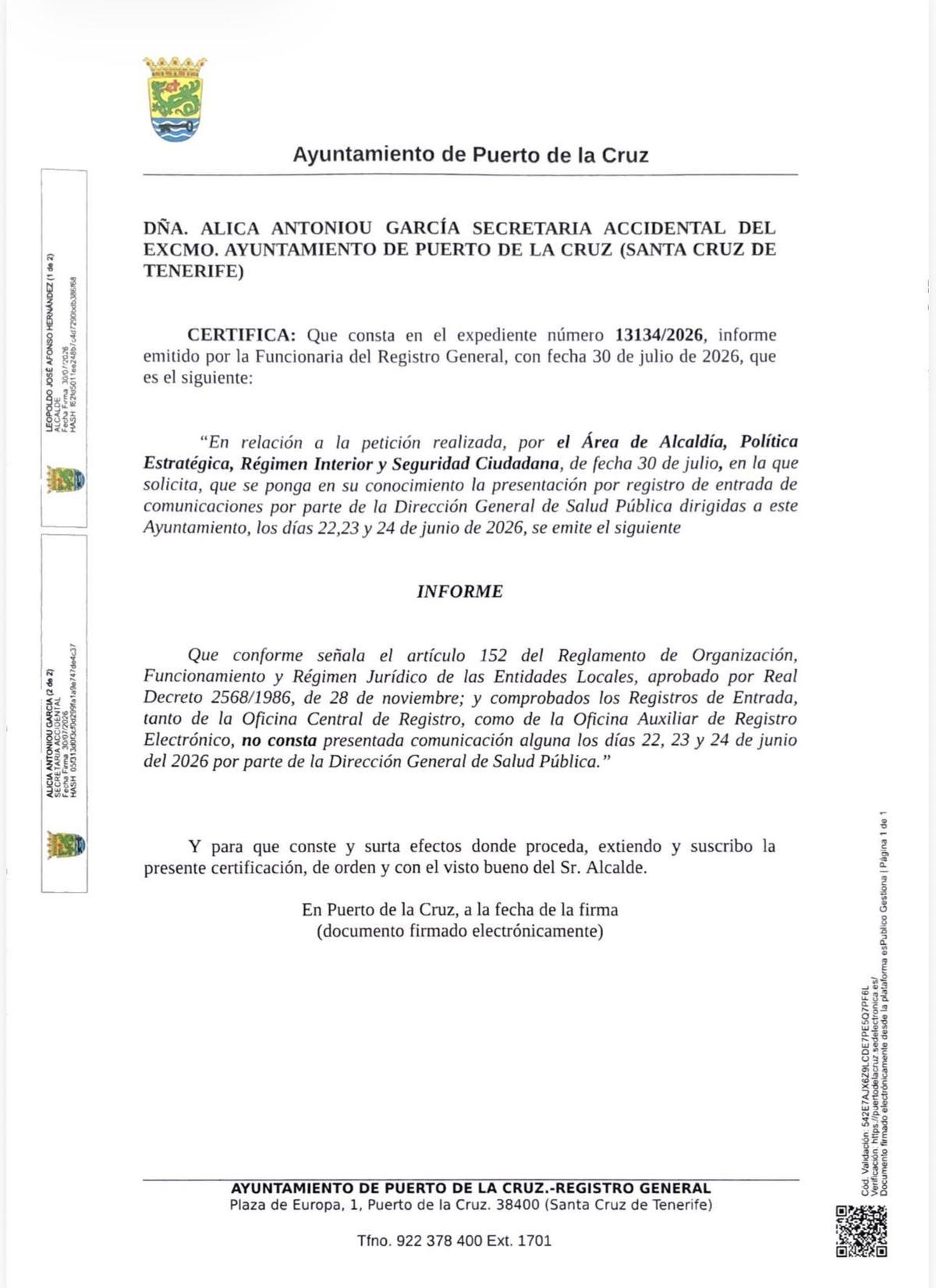 Certificado de la secretaria municipal del Ayuntamiento de Puerto de la Cruz que acredita que no llegó ninguna notificación oficial sobre la contaminación en Playa Jardín.