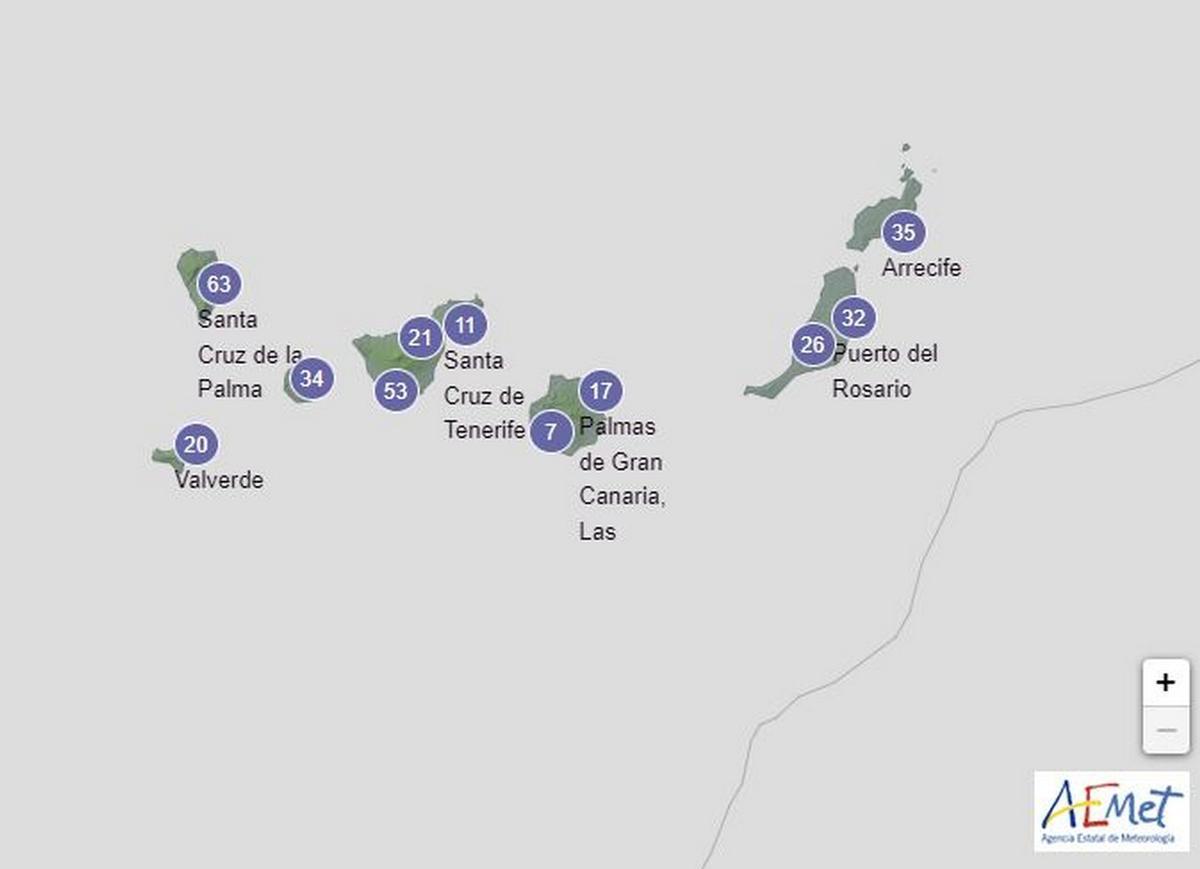 Predicción de rachas máxima de viento en Canarias para este martes.