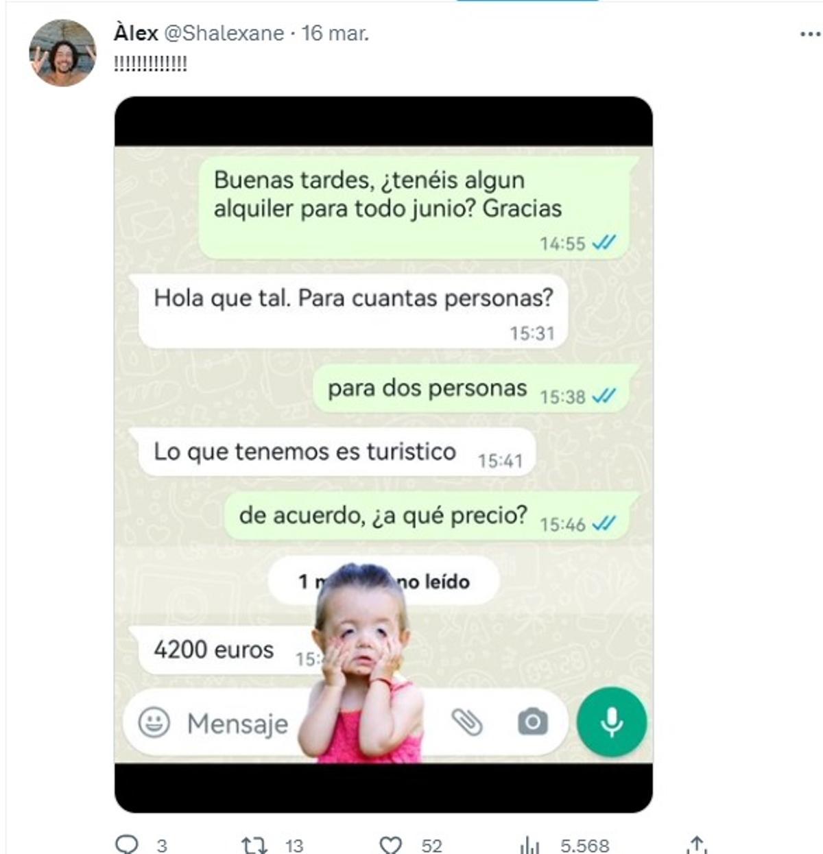 Àlex Juliá muestra una de las conversaciones en la que le piden 4.200 euros por un piso