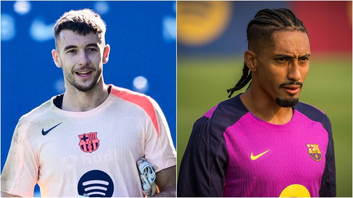 Joan Garcia y Raphinha entrenando con el FC Barcelona