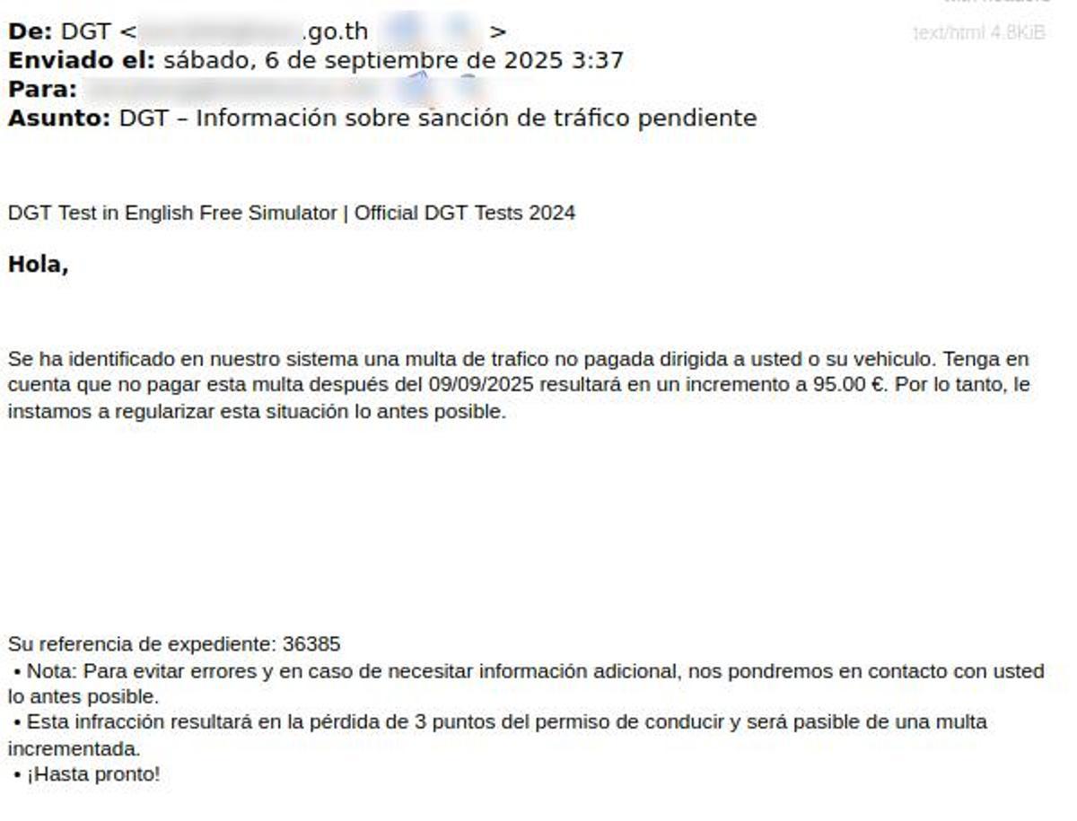 Un correo fraudulento en el que los ciberestafadores suplantan a la DGT