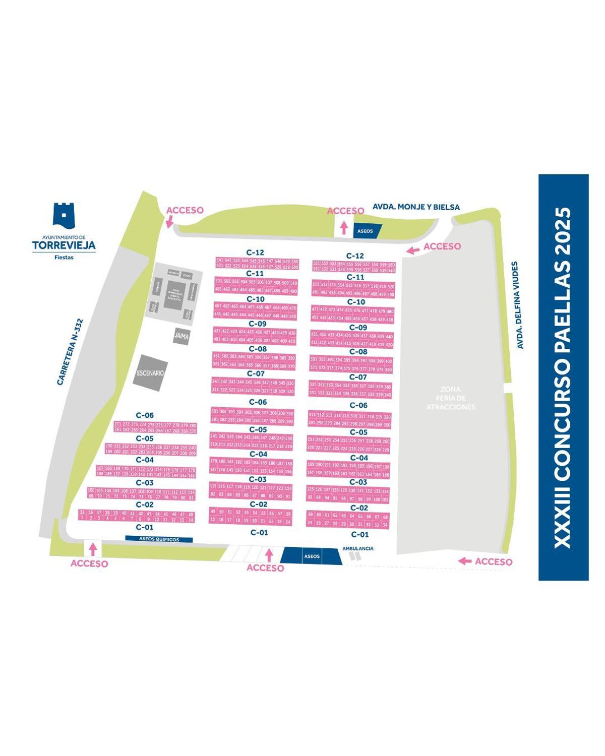 Distribución de las parcelas en el parque Antonio Soria el día de las Paellas de 2025 de las fiestas patronales de Torrevieja