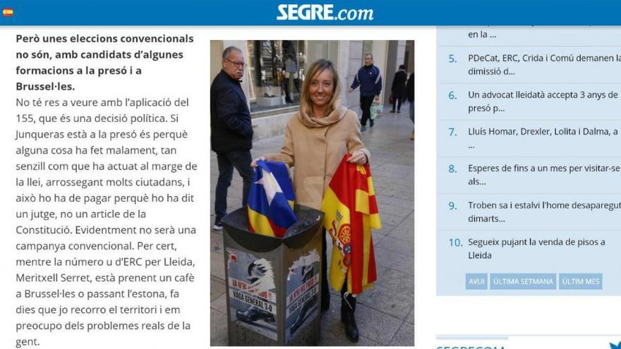 La cabeza de lista del PP por Lleida se fotografía tirando una estelada a la basura