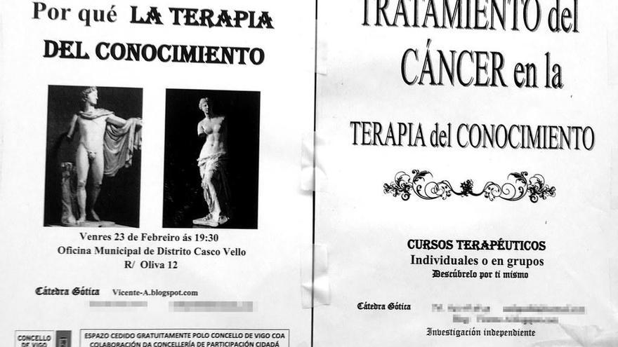 El cartel de la conferencia junto a otro con los &quot;cursos terapéuticos&quot; que ofrece la misma persona . // FdV