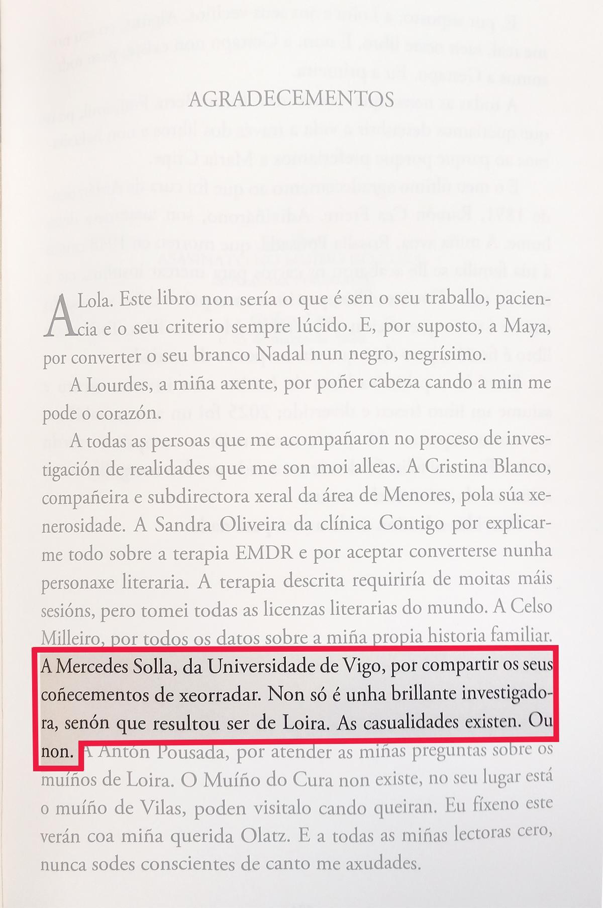 Arantza Portabales incluye a Mercedes Solla en los agradecimientos de su última novela.