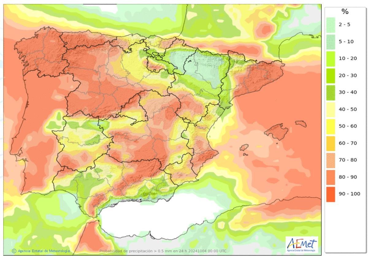 Porcentaje de lluvias en Andalucía y España para el jueves 3 de octubre.