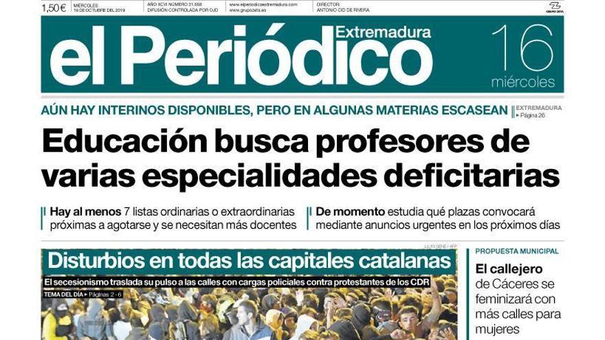 Esta es la portada de EL PERIÓDICO EXTREMADURA correspondiente al día 16 de octubre del 2019