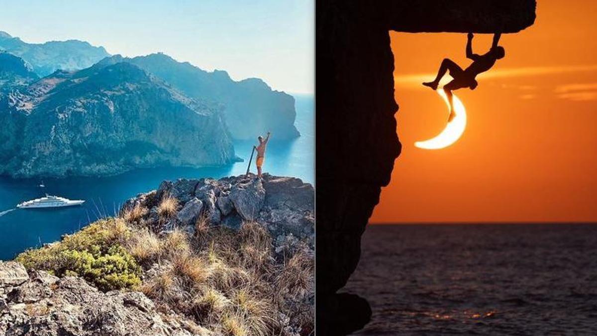 Orlando Bloom en sa Calobra en 2019 y Chris Sharma este miércoles en la Serra en el momento del eclipse
