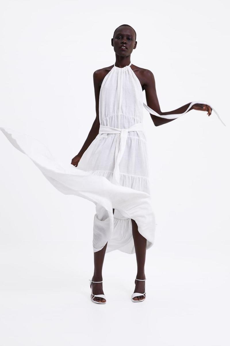Vestido largo de lino blanco de Zara