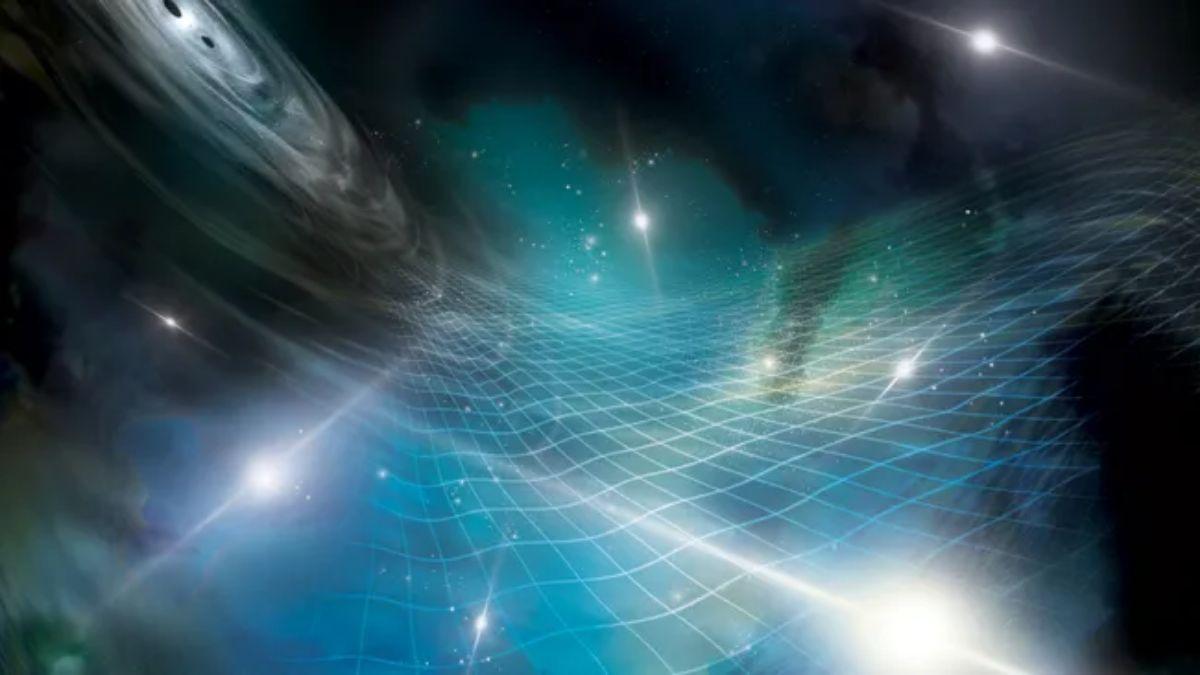 Interpretación artística de una serie de púlsares afectados por ondas gravitacionales producidas por un agujero negro supermasivo binario en una galaxia distante.