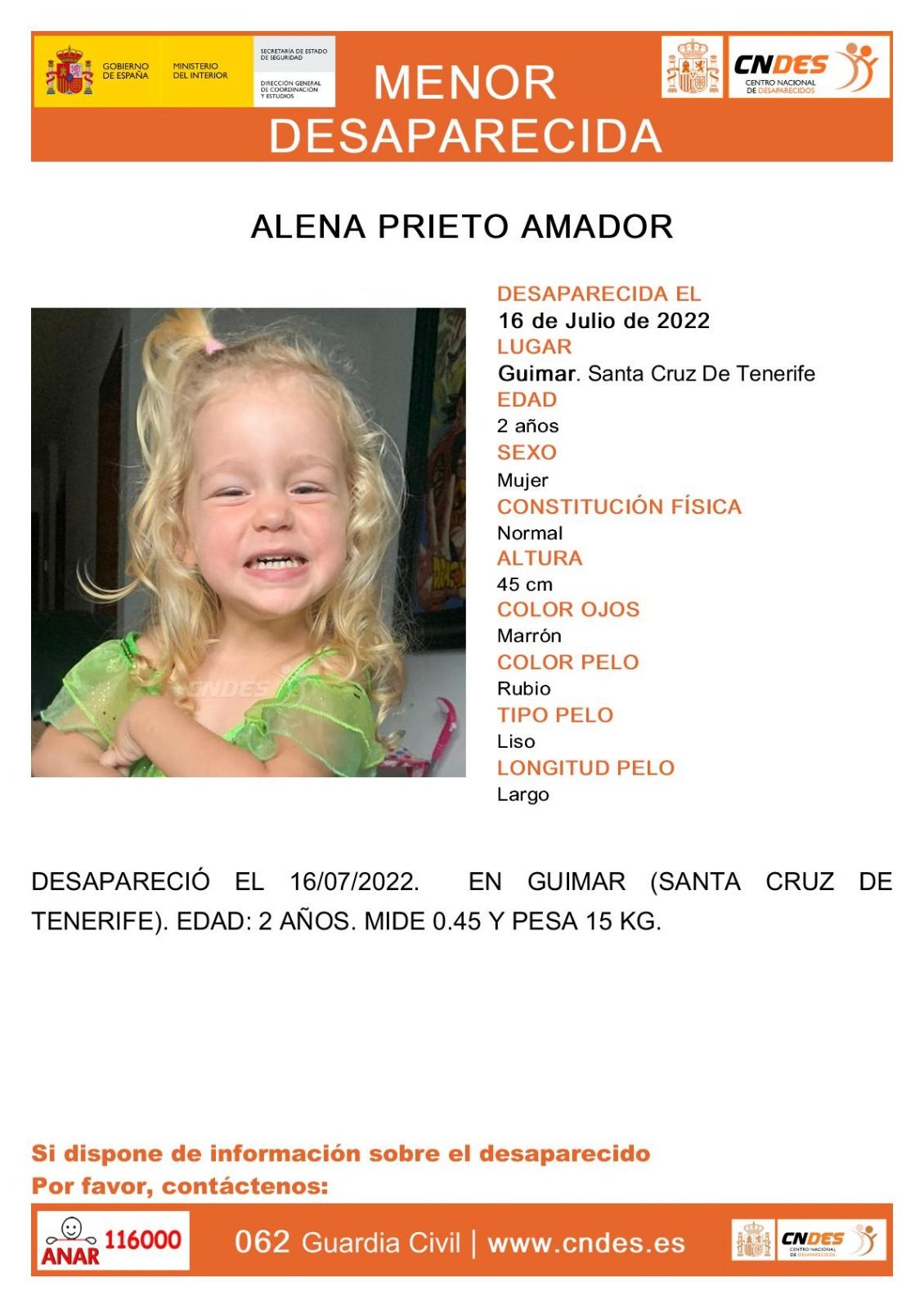 Imagen de la niña que ha sido denunciada como desaparecida desde el pasado 16 de julio.