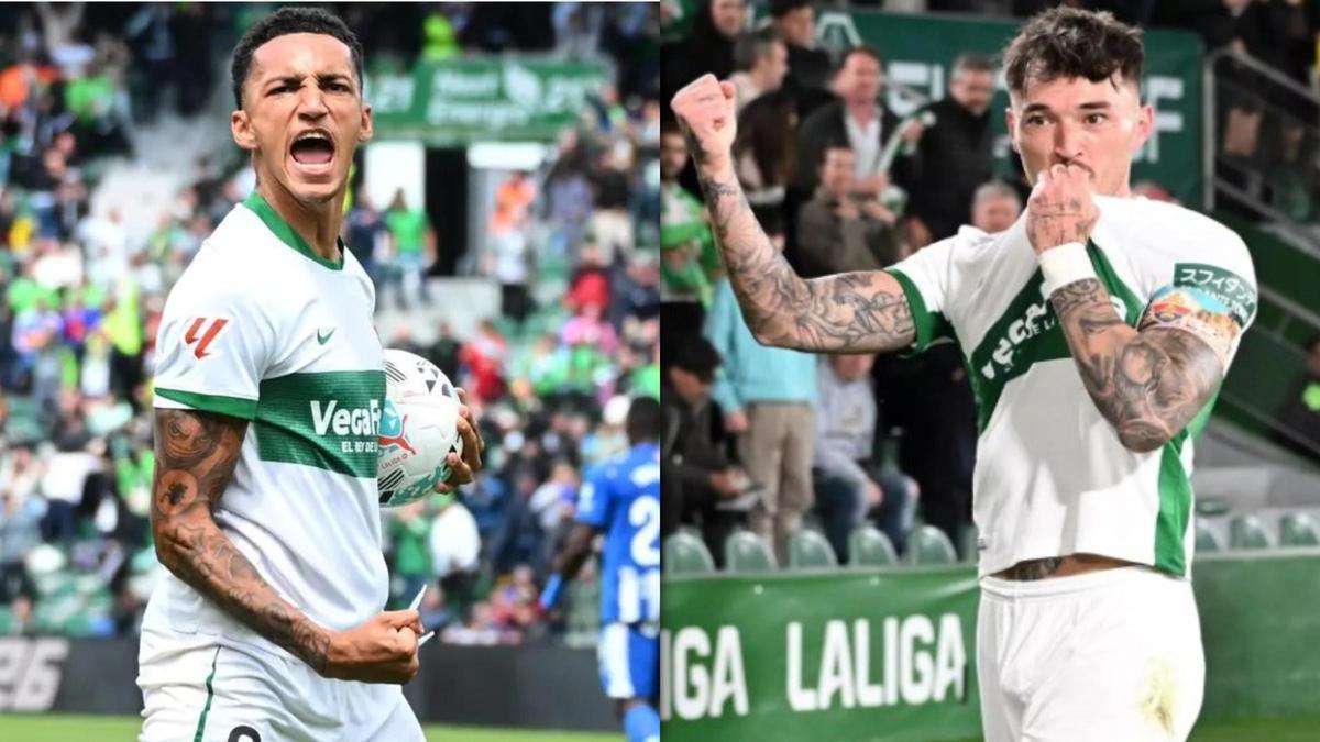 Álvaro Rodríguez y Josan celebran goles con el Elche
