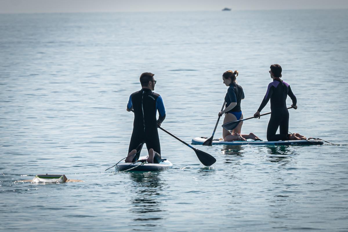 El equipo de Surfing for Science rema con red por la zona de baño durante una hora. 