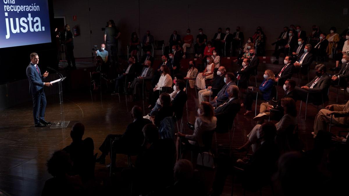 El presidente del Gobierno, Pedro Sánchez, durante el acto de arranque del curso político, este 1 de septiembre de 2021 en la Casa de América de Madrid.