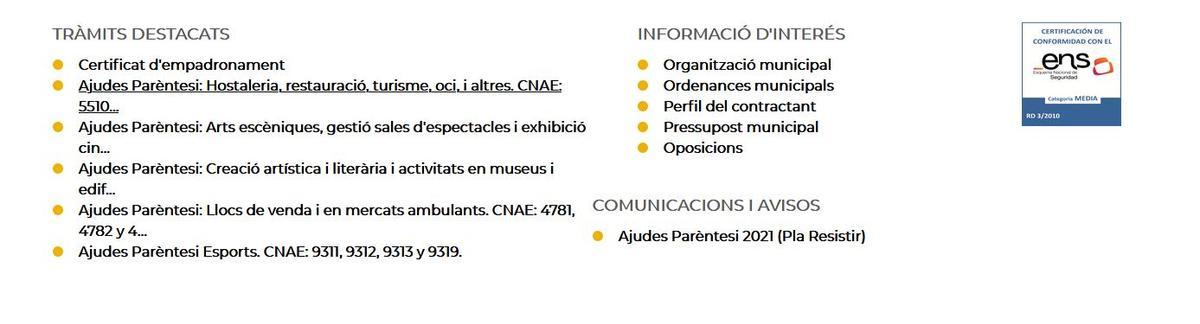 Esta es la pestaña con las actividades que aparece tras pulsar en "Trámites"