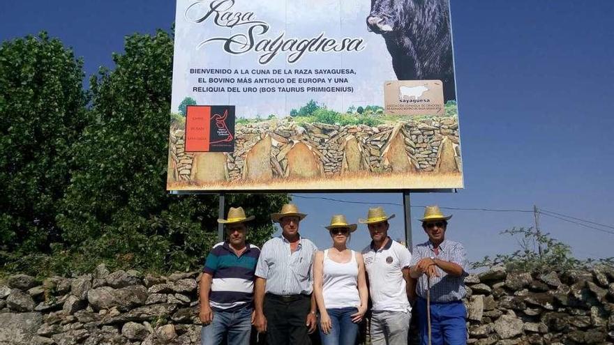 Ganaderos de Sayago posan delante del cartel que anuncia la raza bovina autóctona.