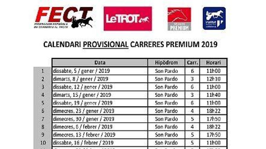 Propuesta de reuniones y carreras Premium para 2019 en el Hipòdrom Son Pardo.