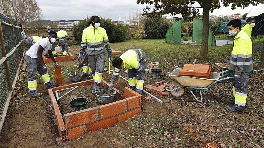 Els alumnes del PTT practicant la construcció de jardineres, a les instal·lacions de Can Po Vell.