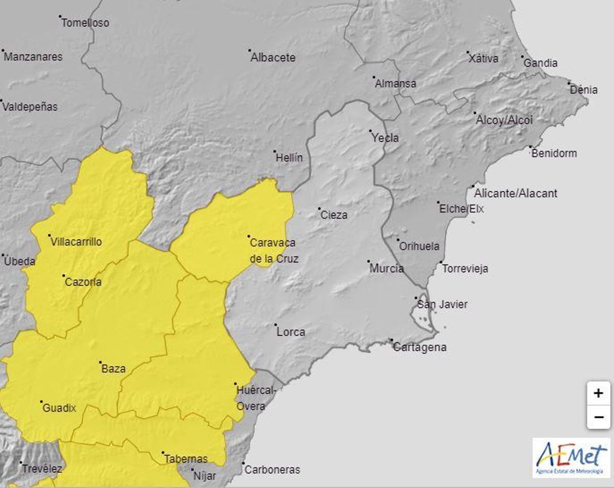 Mapa de alerta por viento en la Región de Murcia