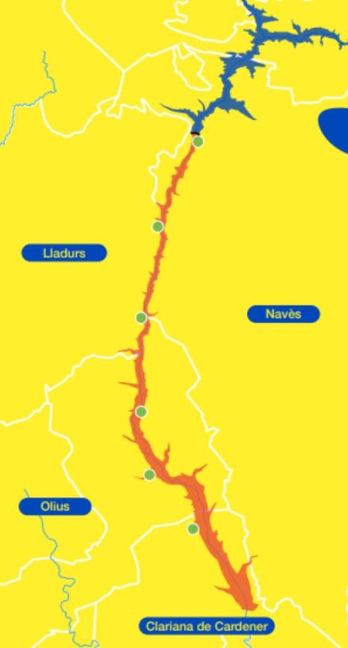 En verd, els punts on s'han instal·lat les alarmes i en taronja, la zona de major risc d'inundació