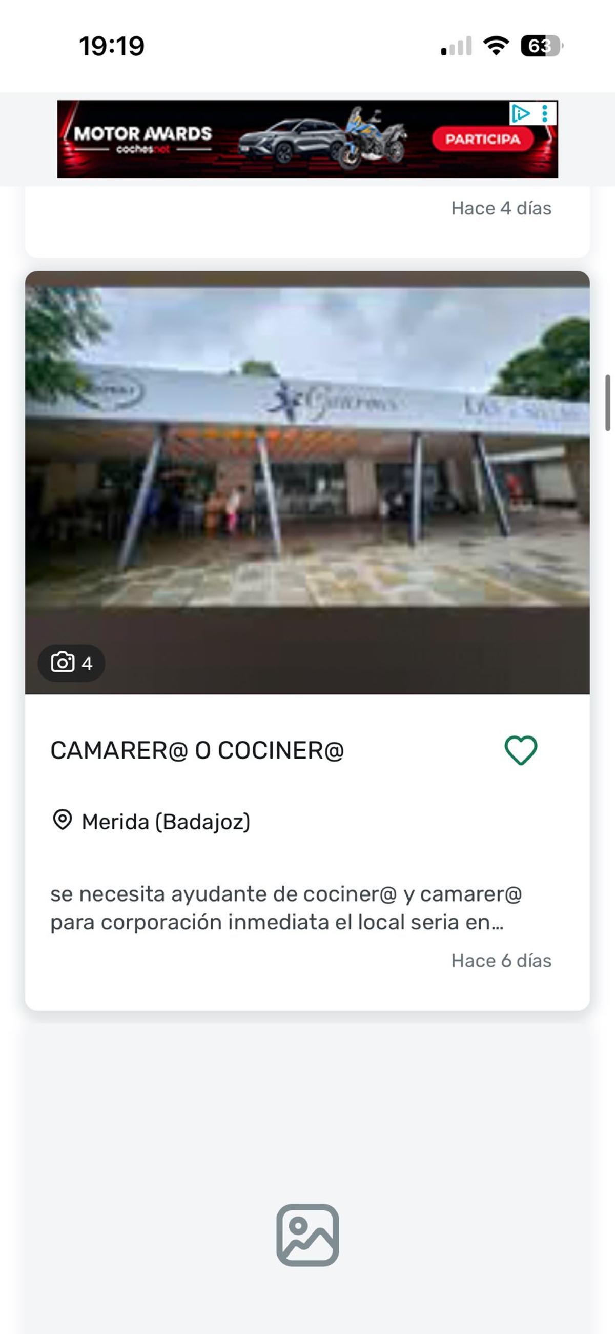 Captura del anuncio publicado en Mil Anuncios con el reclamo “Camarer@ o cociner@” en Mérida (Badajoz), que el restaurante Las 7 Sillas atribuye a una suplantación con ofertas de empleo falsas.