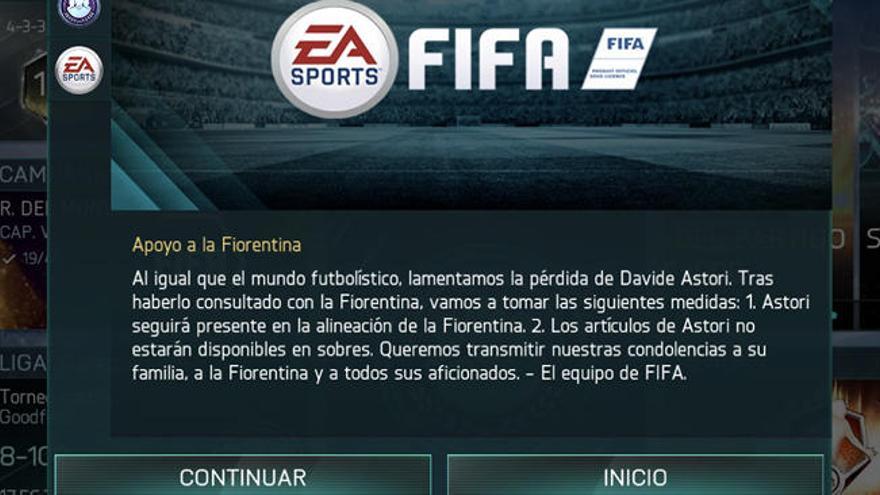 Mensaje informativo del juego sobre Astori.