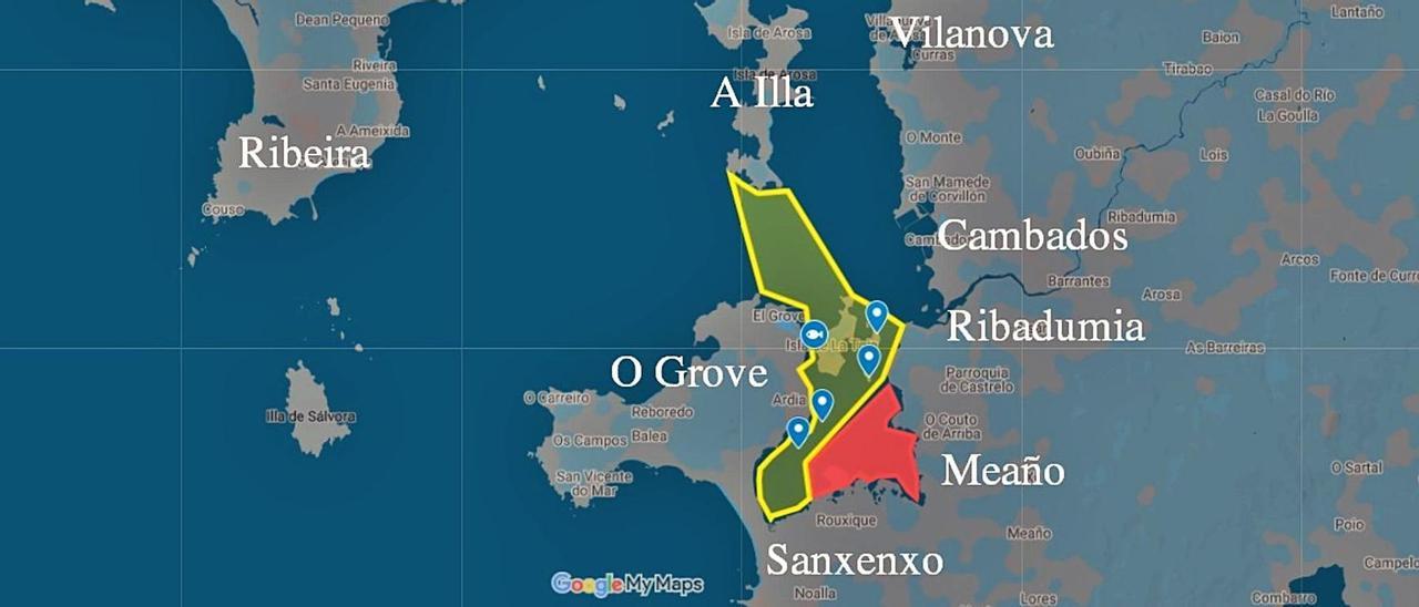 Mapa que muestra la zona productora de la ensenada de O Grove ya subdividida. En amarillo, el área clasificada como B. En rojo, la C. |  // M.M.