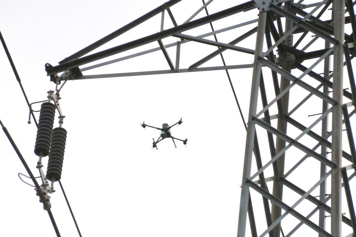 Dron sobrevolando la red eléctrica para prevenir incendios.