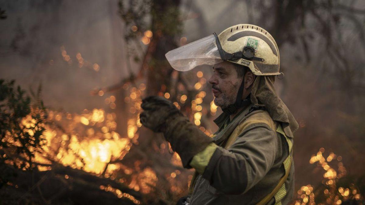 Un bombero forestal intentando apagar las llamas de ayer en Cenlle.